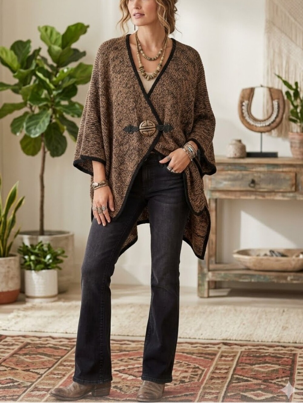 Soft Surroundings Mei Ling Boho, Hippie, Brown Knit Poncho Sweater Cape